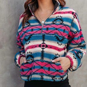VICI Sedona Pocketed Printed Half Zip Teddy Pullover Sweater - XS